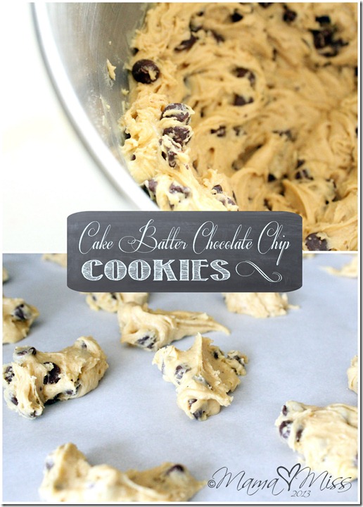 Cake Batter Chocolate Chip Cookies https://www.mamamiss.com ©2013