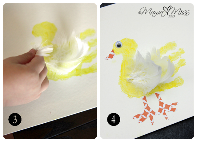 Feathered Duck Handprint #fingerpaint #handprintart #virtualbookclub https://www.mamamiss.com ©2013