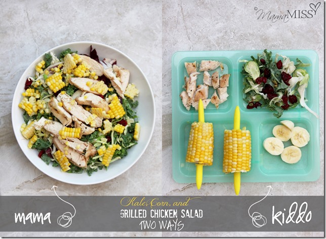 Kale, Corn, and Grilled Chicken Salad (made two ways - kiddo & adult) | Mama Miss #kidfood #healthyeating #familyfood