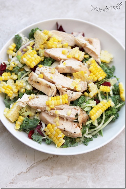 Kale, Corn, and Grilled Chicken Salad (made two ways - kiddo & adult) | Mama Miss #kidfood #healthyeating #familyfood