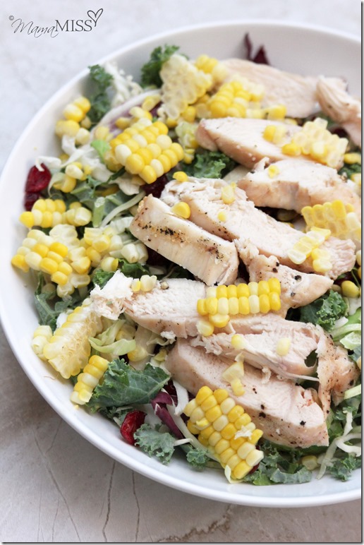 Kale, Corn, and Grilled Chicken Salad (made two ways - kiddo & adult) | Mama Miss #kidfood #healthyeating #familyfood