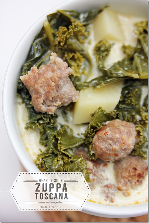 Zuppa Toscana Soup - sausage, kale, russet potatoes - a hearty veggie filled soup perfect for a cool day | @mamamissblog #zuppatoscana #soup