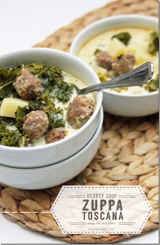 Zuppa Toscana Soup - sausage, kale, russet potatoes - a hearty veggie filled soup perfect for a cool day | @mamamissblog #zuppatoscana #soup