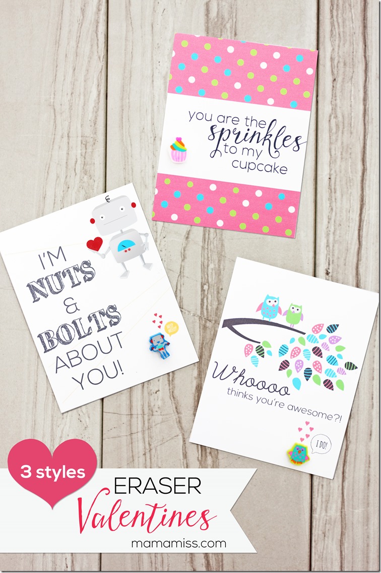 With unique designs, these 'free printable' DIY Eraser Valentines are the perfect way for your kids to celebrate with their classmates!  | @mamamissblog #valentinesday #freeprintable