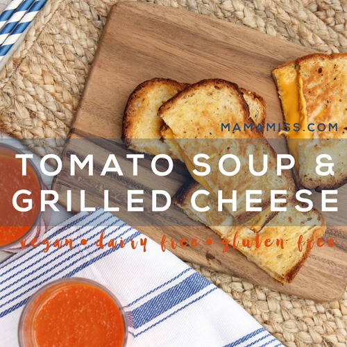 Vegan, gluten free, & dairy free ooooey gooey goodness with this Tomato Soup & Grilled Cheese  from @mamamissblog