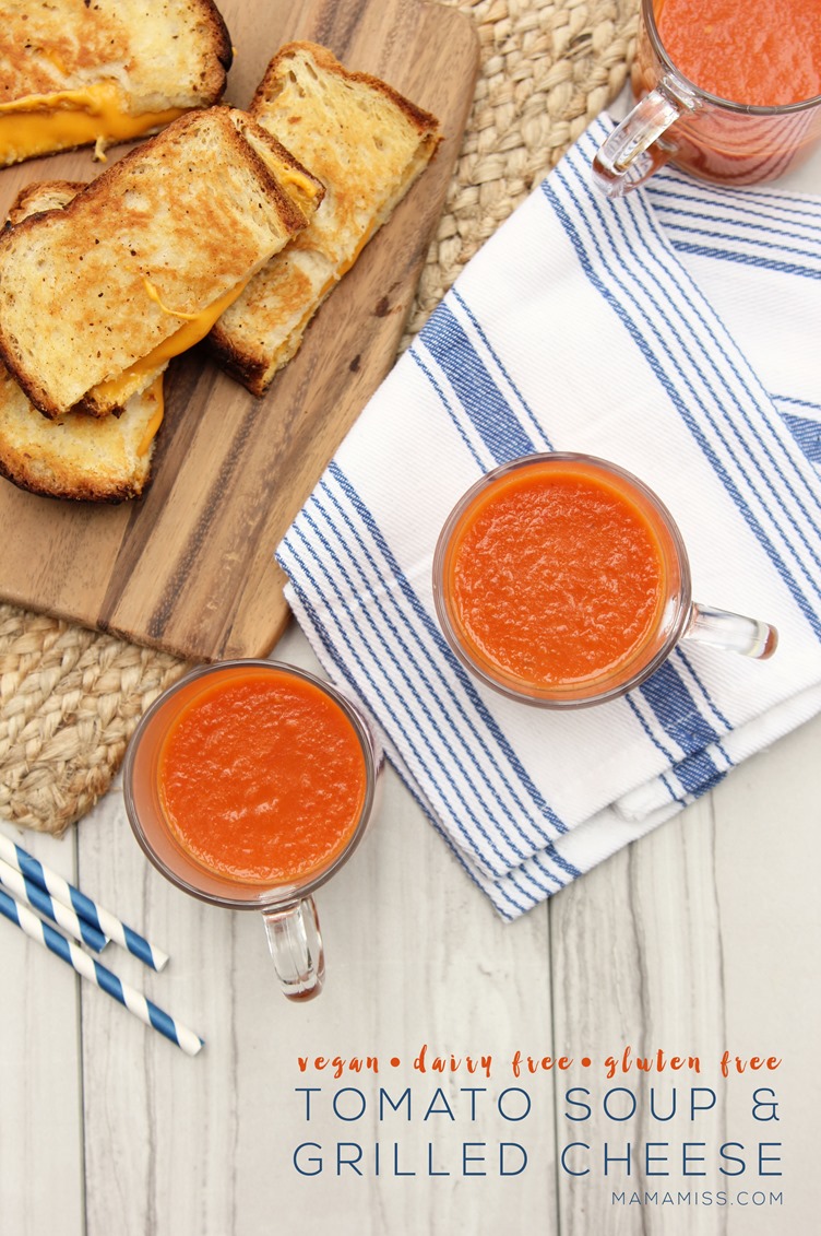 Vegan, gluten free, & dairy free ooooey gooey goodness with this Tomato Soup & Grilled Cheese  from @mamamissblog