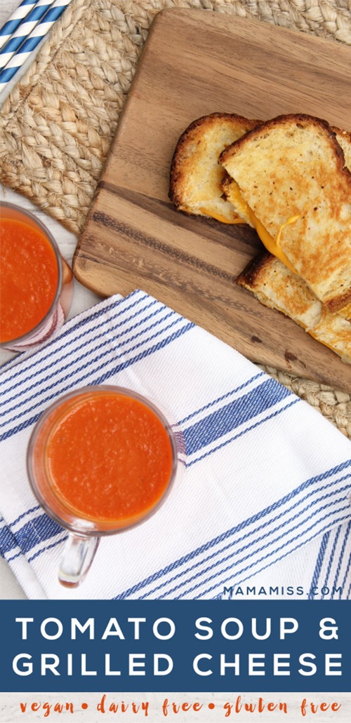 Vegan, gluten free, & dairy free ooooey gooey goodness with this Tomato Soup & Grilled Cheese  from @mamamissblog