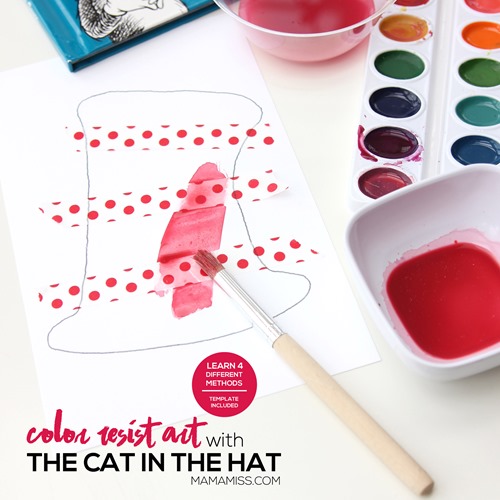 To get in the Dr. Seuss “spirit” after reading the book, we made Color Resist Art using paper tape and four different methods of color on our printable Dr. Seuss Hat.  From @mamamissblog