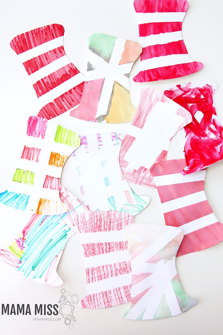 To get in the Dr. Seuss “spirit” after reading the book, we made Color Resist Art using paper tape and four different methods of color on our printable Dr. Seuss Hat.  From @mamamissblog