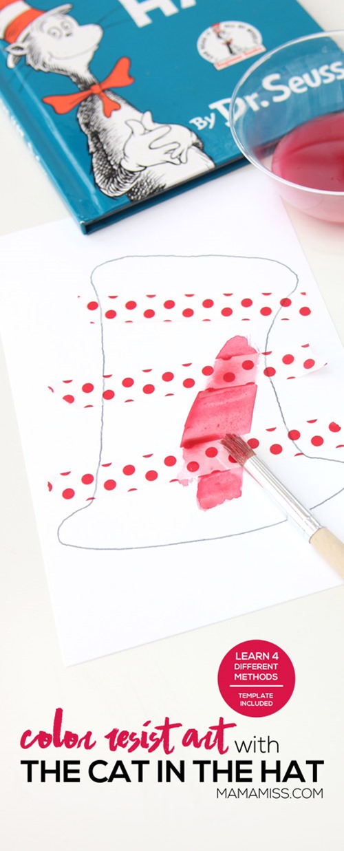 To get in the Dr. Seuss “spirit” after reading the book, we made Color Resist Art using paper tape and four different methods of color on our printable Dr. Seuss Hat.  From @mamamissblog