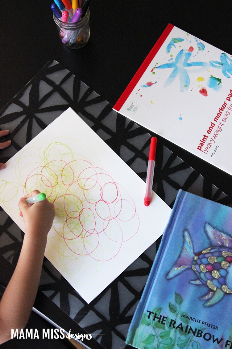 Start off with some process art in creating this colorful Scribble Art Rainbow Fish! A perfect activity involving math & art to accompany the popular children's book The Rainbow Fish. @mamamissblog